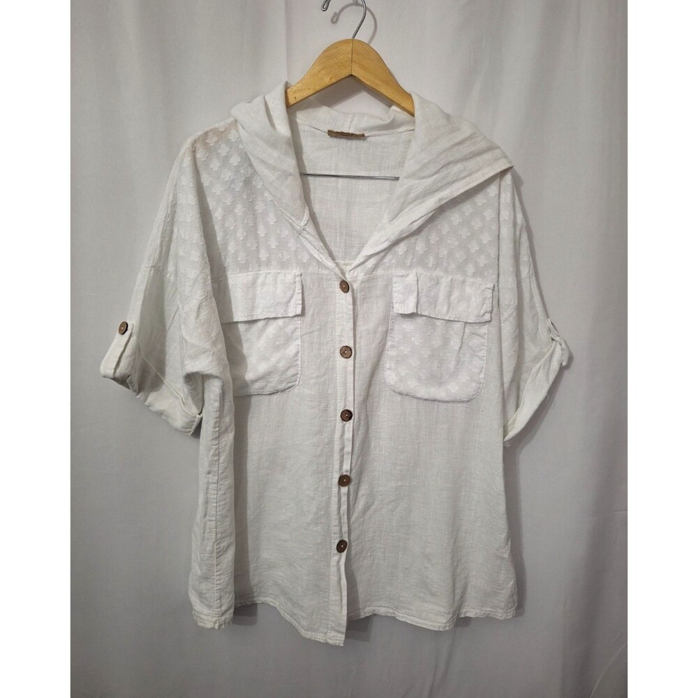 Beyond Capri Womens Linen Blend Hooded Button Up Shirt One Size Coastal Nautical